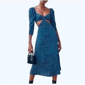 Reformation Blue Teal Print Midi Dress with Cutout